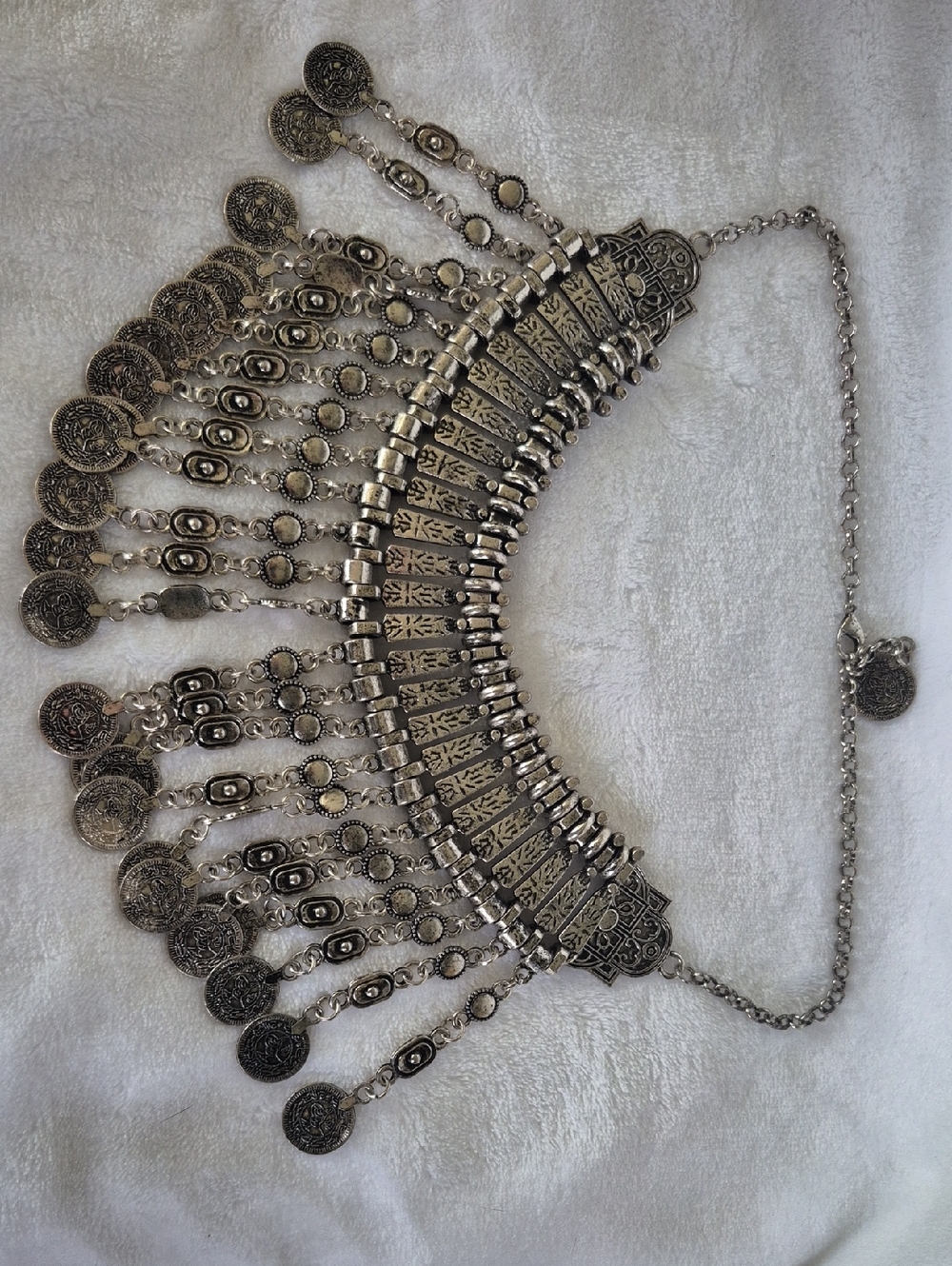 Bohemian Silver Coin Fringe Statement Necklace